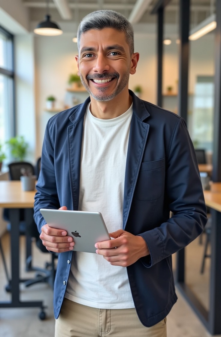 JC holding an iPad in a coworking space
